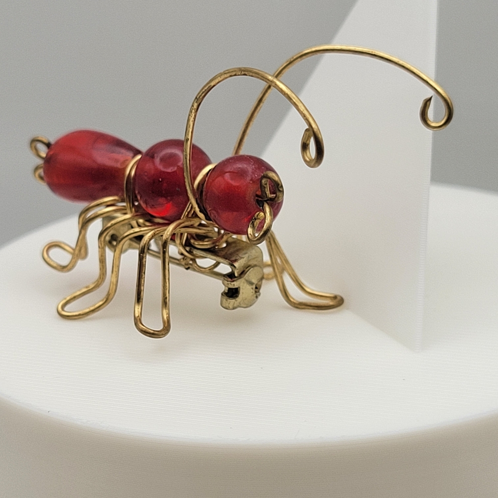 1980s Handcrafted Gold and Red Glass Wire Insect Brooch
